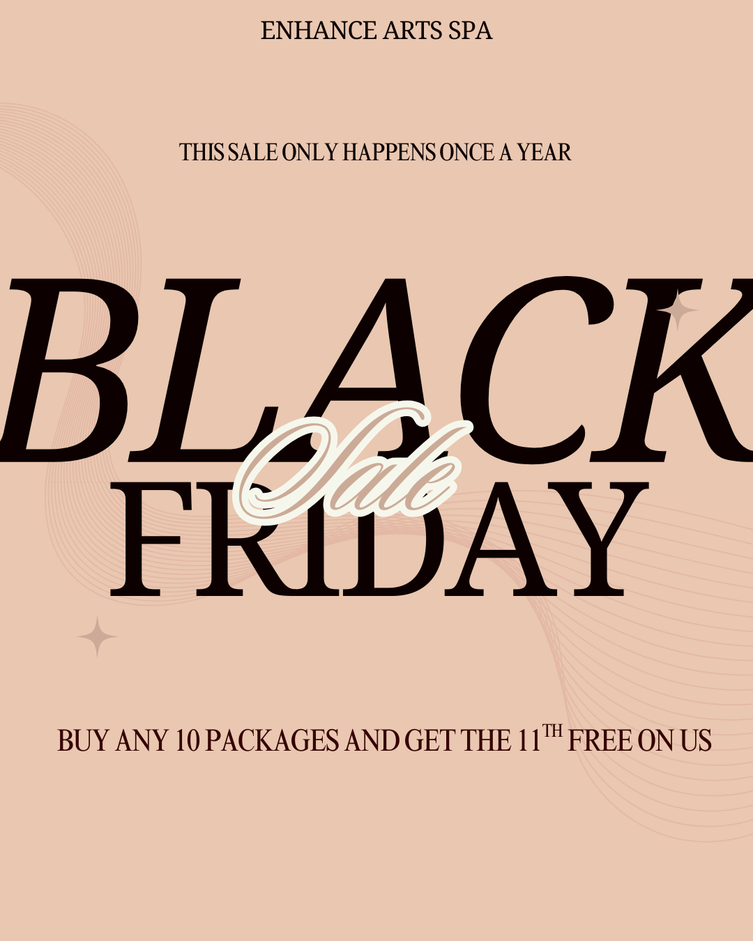 Black Friday spa sale poster for Enhance Arts Vancouver featuring massage package deal buy 10 get 1 free.
